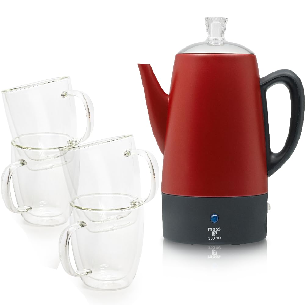 Red 10 Cups Electric Coffee Percolator with Set of 4 Glass Cups Y641