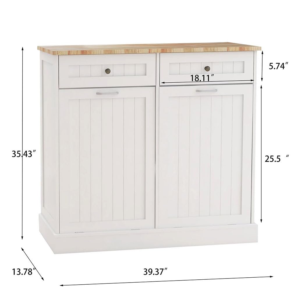 White Wooden Tilt Out Trash Can Cabinet with 2 Drawers S8594
