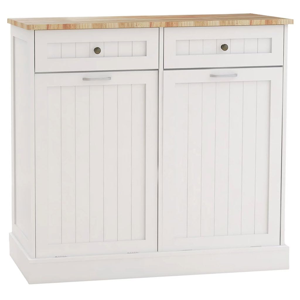 White Wooden Tilt Out Trash Can Cabinet with 2 Drawers S8594