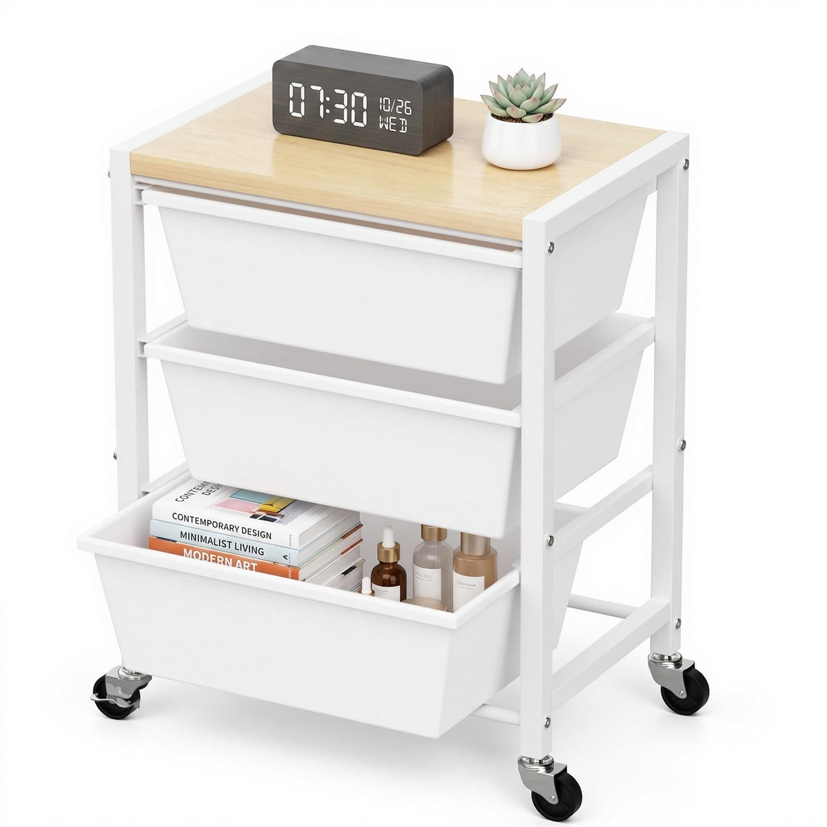 Rolling Cart with 3 Drawers, Lockable Wheels & Wooden Tabletop, Bright White L28552