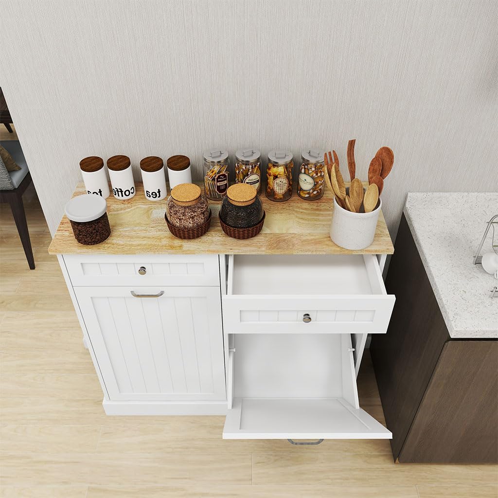 White Wooden Tilt Out Trash Can Cabinet with 2 Drawers S8594