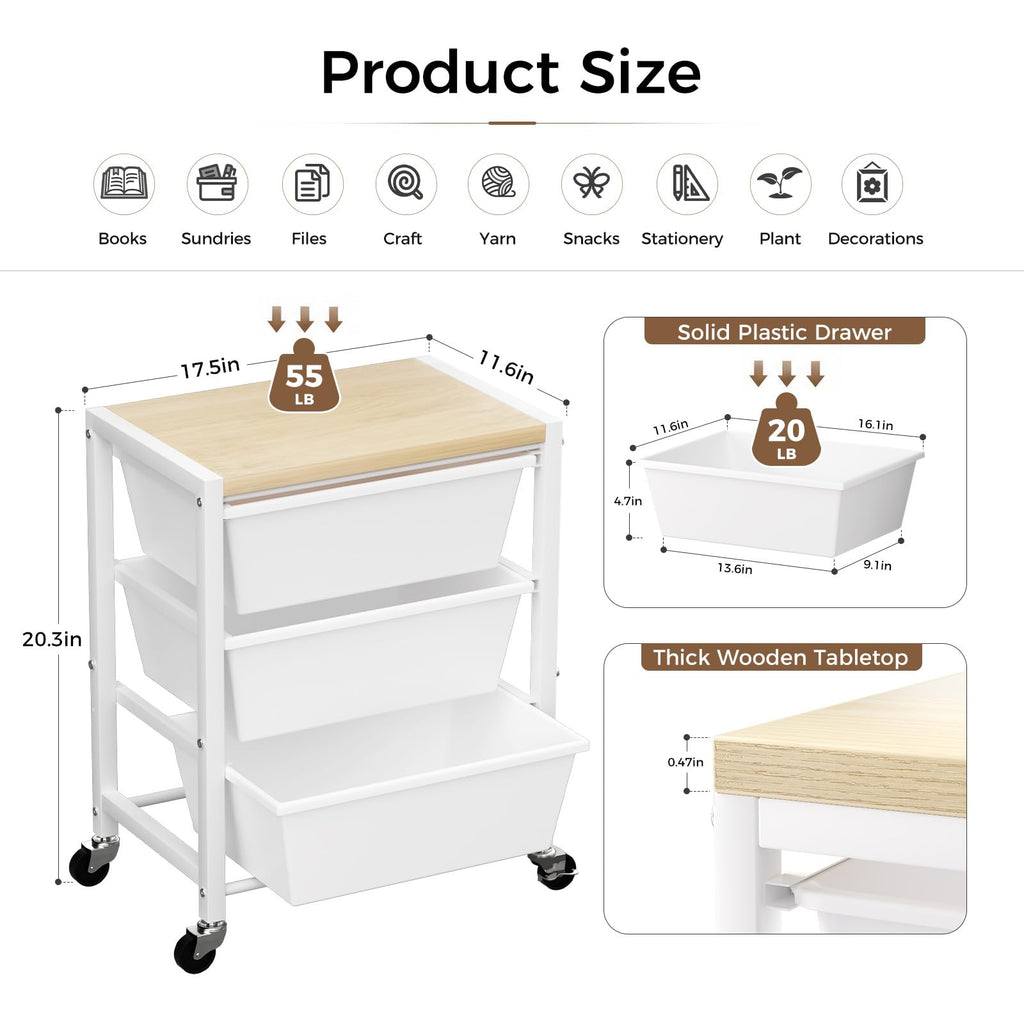 Rolling Cart with 3 Drawers, Lockable Wheels & Wooden Tabletop, Bright White L28552