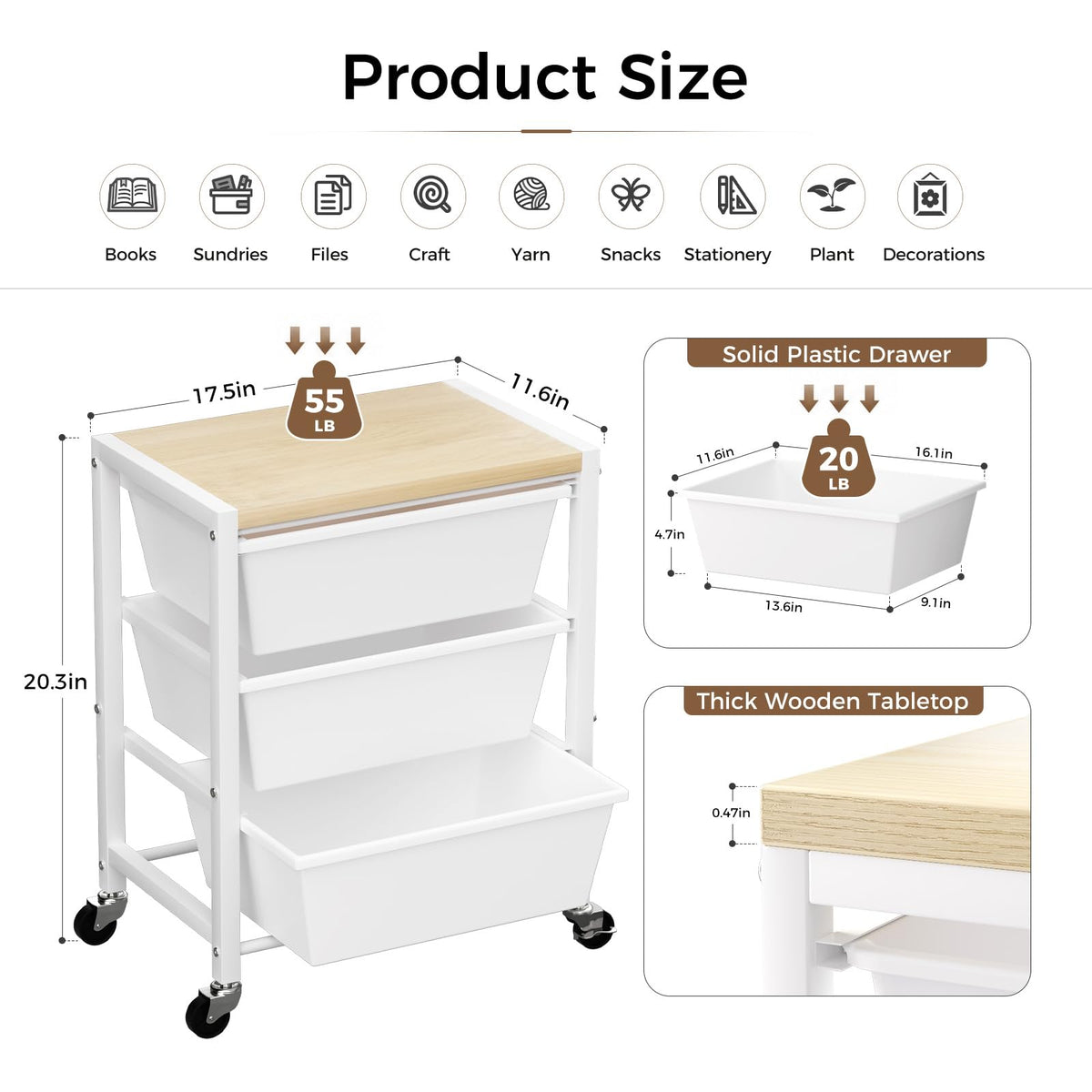 Rolling Cart with 3 Drawers, Lockable Wheels & Wooden Tabletop, Bright White L28552