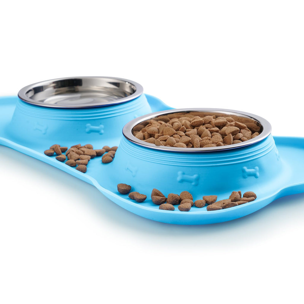 2 Stainless Steel Dog Bowls with Non-Skid Mat and Scoop U53735