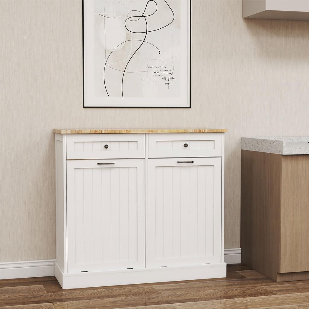 White Wooden Tilt Out Trash Can Cabinet with 2 Drawers S8594