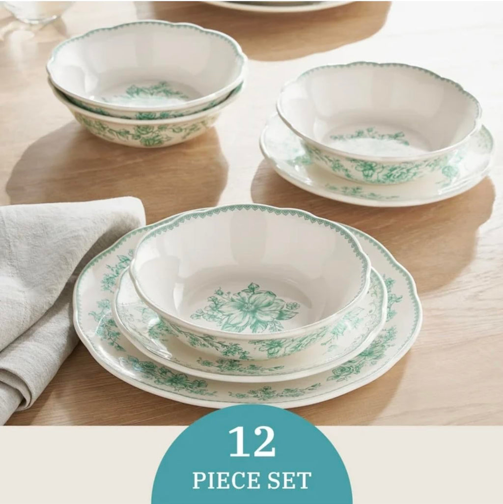 12-Piece Green Stoneware Dinnerware Set P9844