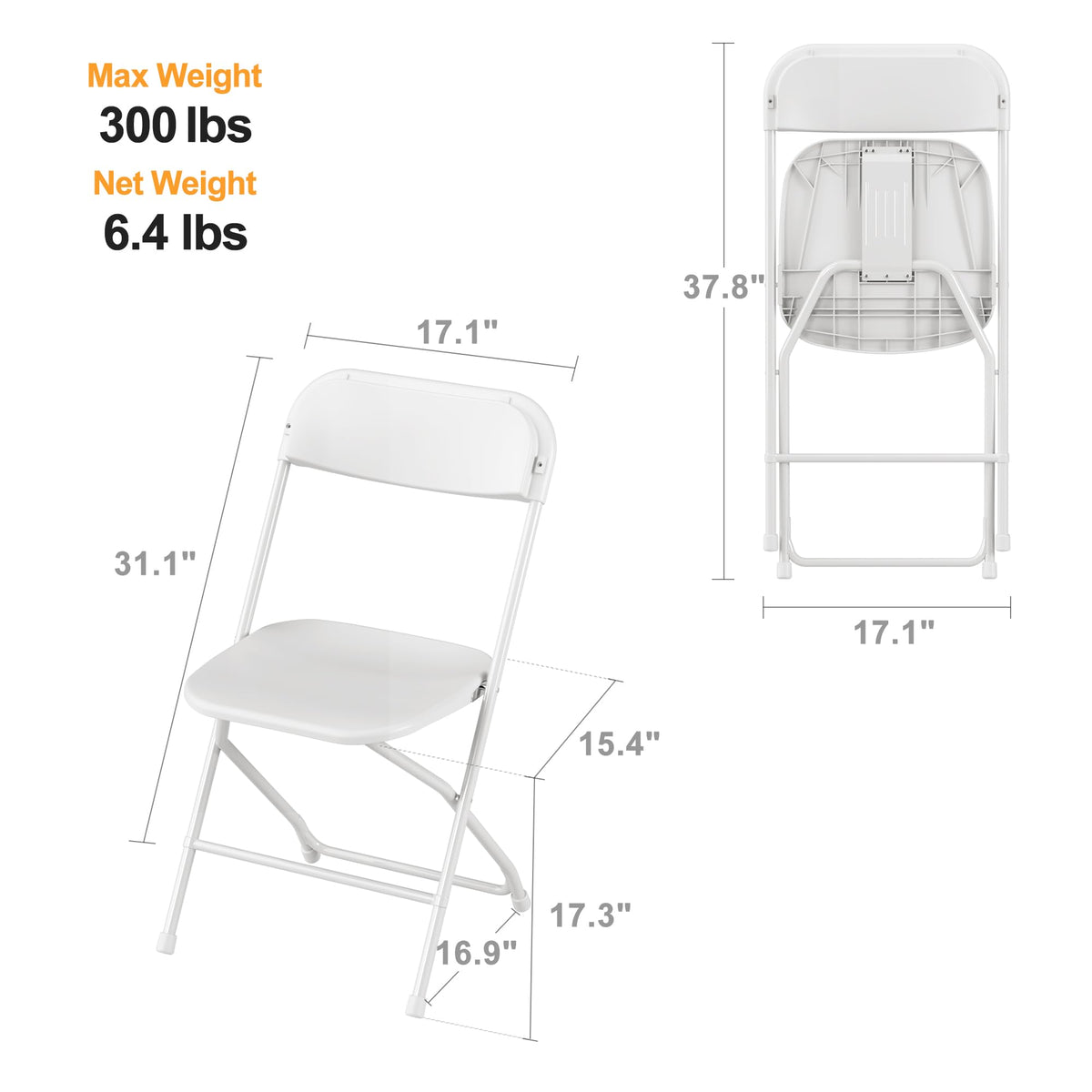 6 Pack White Plastic Folding Chair with Steel Frame L199270
