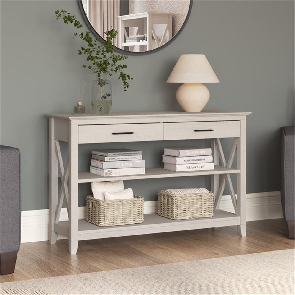 Linen White Oak Console Table with Drawers and Shelves D883143