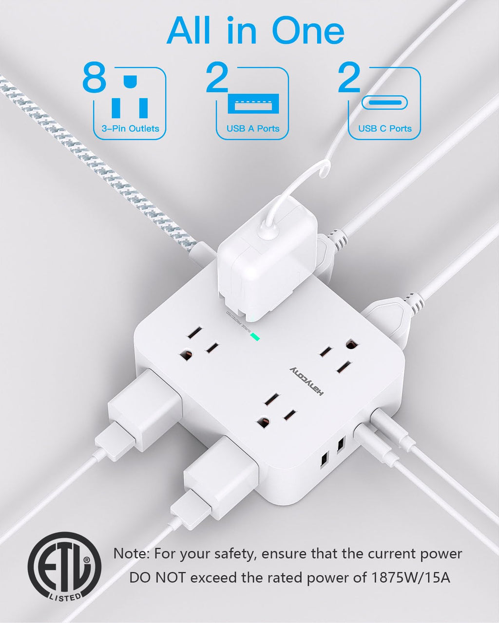 Surge Protector Power Strip 5 Ft Braided Extension Cord S216