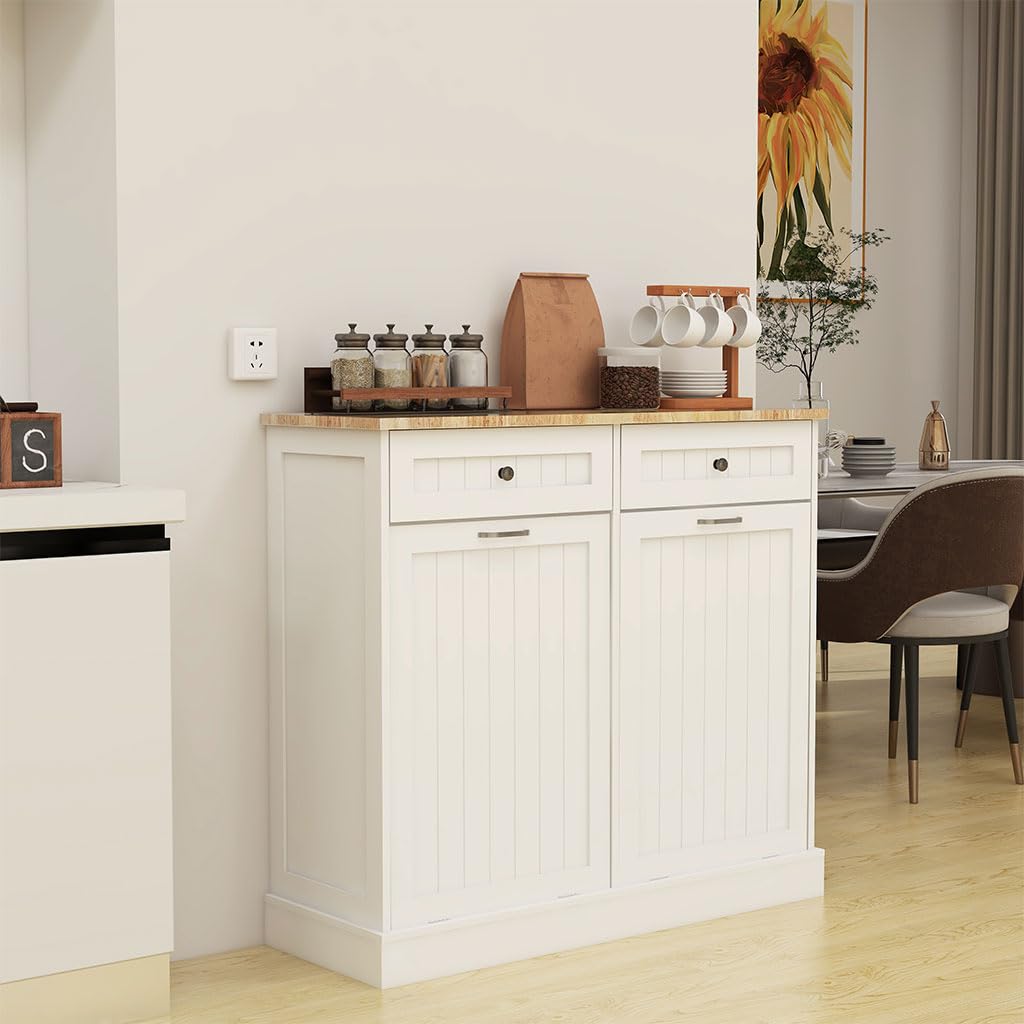 White Wooden Tilt Out Trash Can Cabinet with 2 Drawers S8594