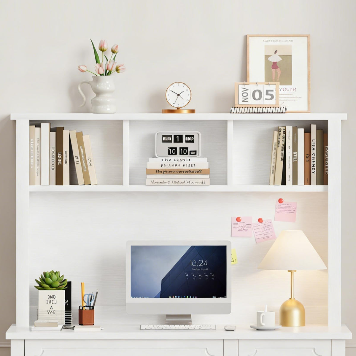 47" White and Gold Desk with Hutch and 4 Drawers V67344