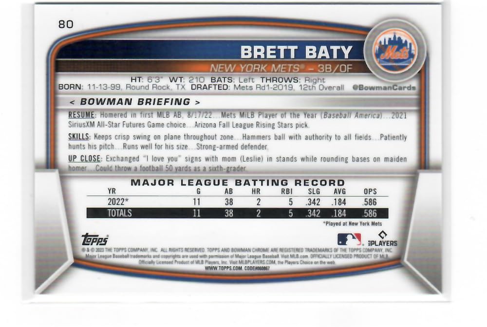 Bowman Chrome Mega Box Mojo Refractor Purple #80 Brett Baty RC Rookie Card /250 New York Mets Baseball NM-MT B437
