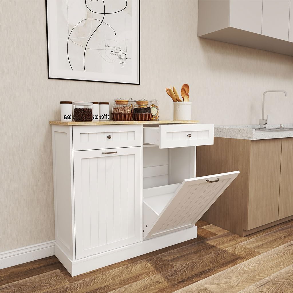 White Wooden Tilt Out Trash Can Cabinet with 2 Drawers S8594