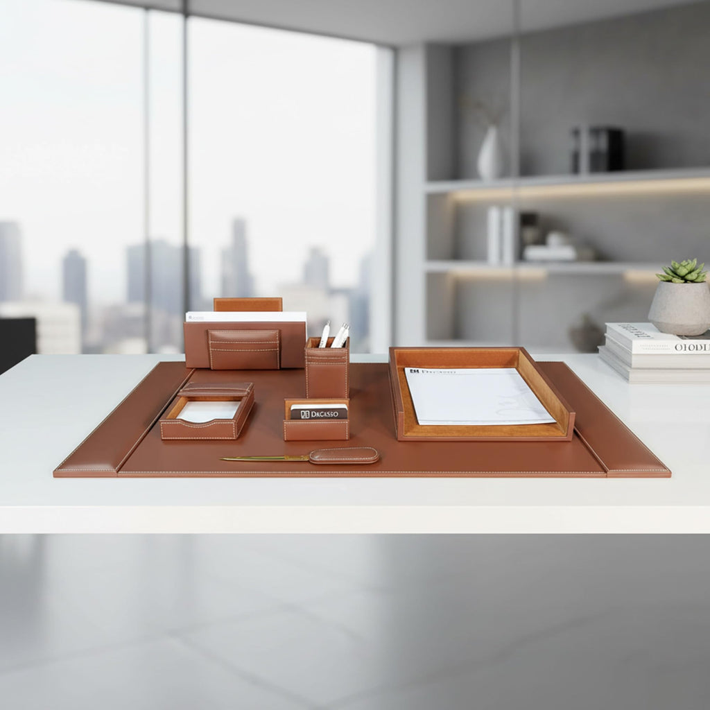 Rustic Brown Leather Desk Set, 7-Piece P5266