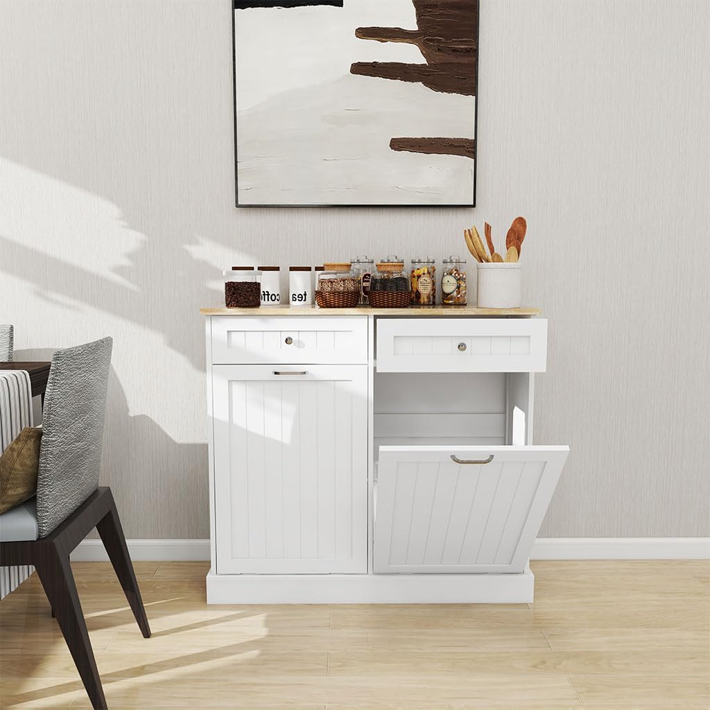 White Wooden Tilt Out Trash Can Cabinet with 2 Drawers S8594