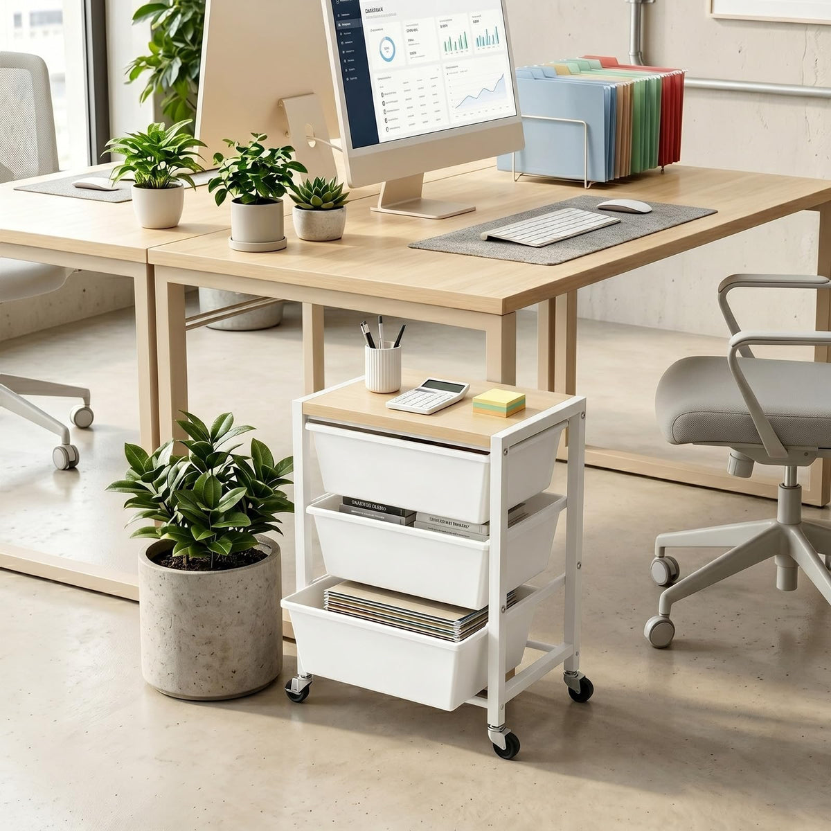 Rolling Cart with 3 Drawers, Lockable Wheels & Wooden Tabletop, Bright White L28552