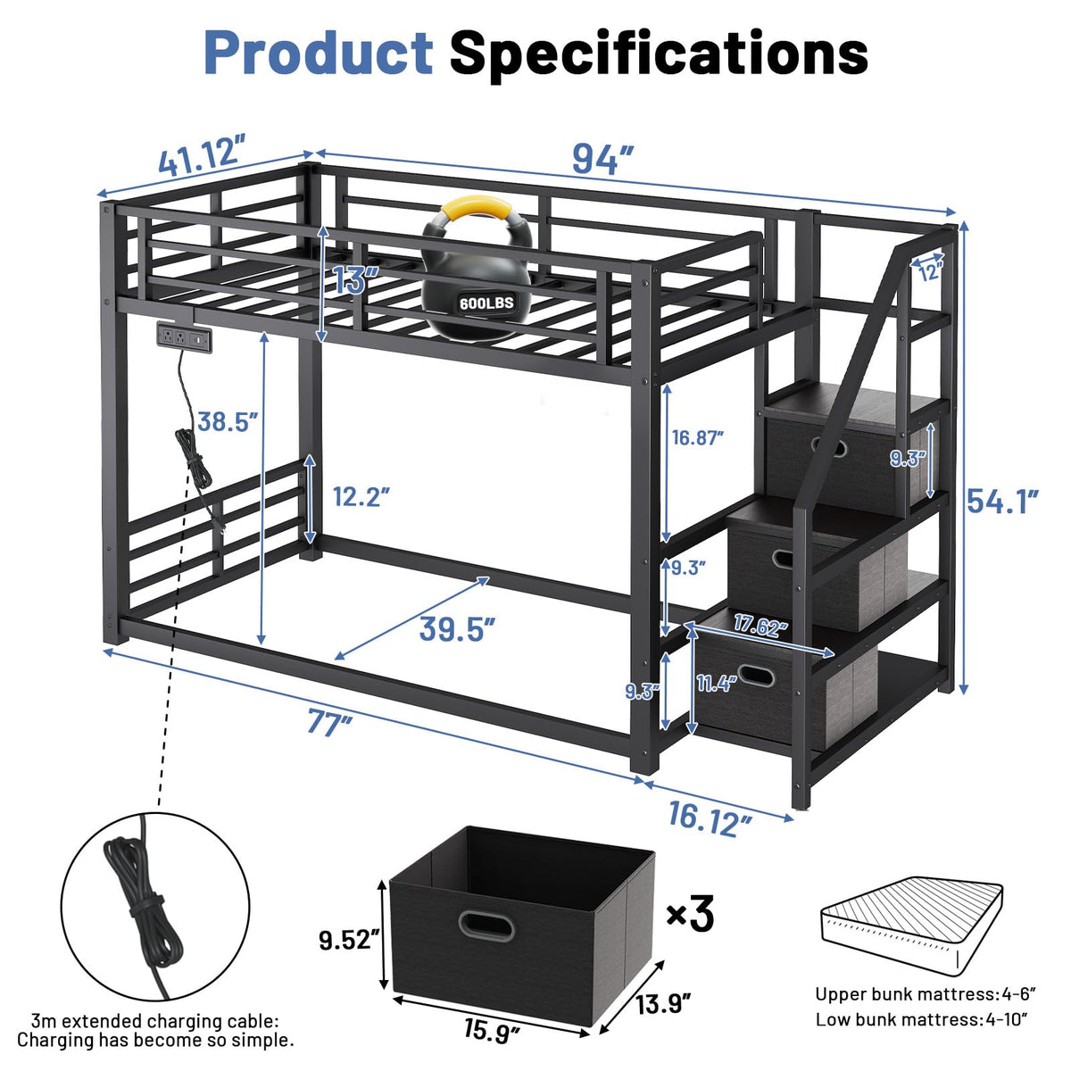Twin Over Twin Metal Bunk Bed with Storage Stairs, Drawers & Shelves, Power Outlet and RGB LED Lights, Safety Guardrails & Metal Slats (Black) Z5735