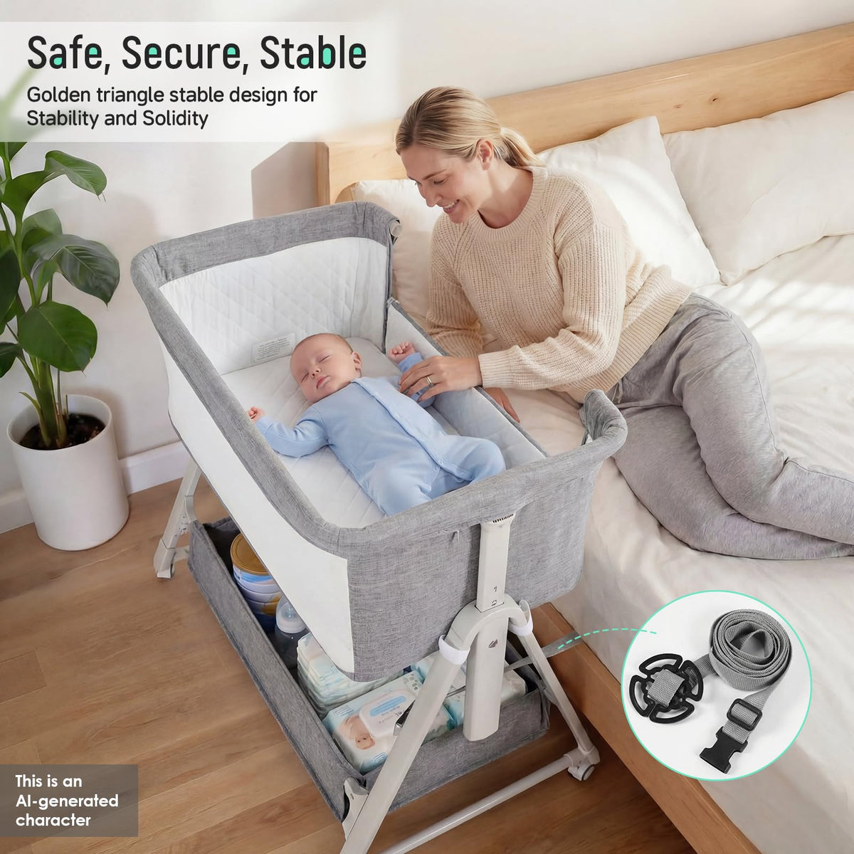 Baby Bassinet Bedside Crib with Mattress Wheel Storage Travel Bag Light Grey M763633