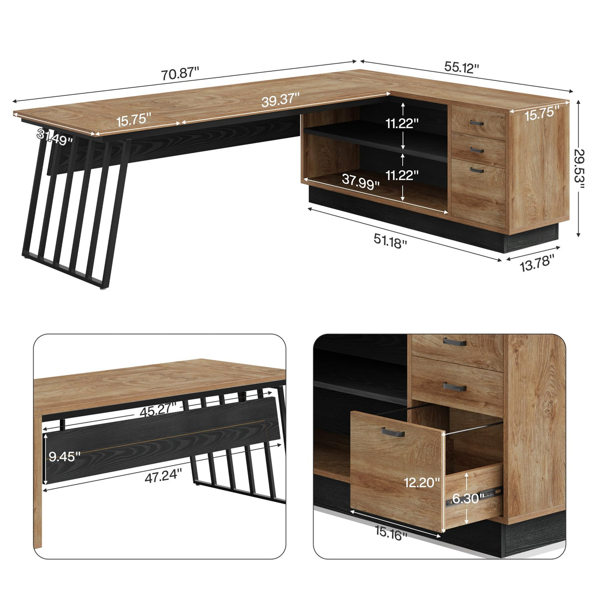 71-Inch L-Shaped Executive Desk with Cabinet L255095