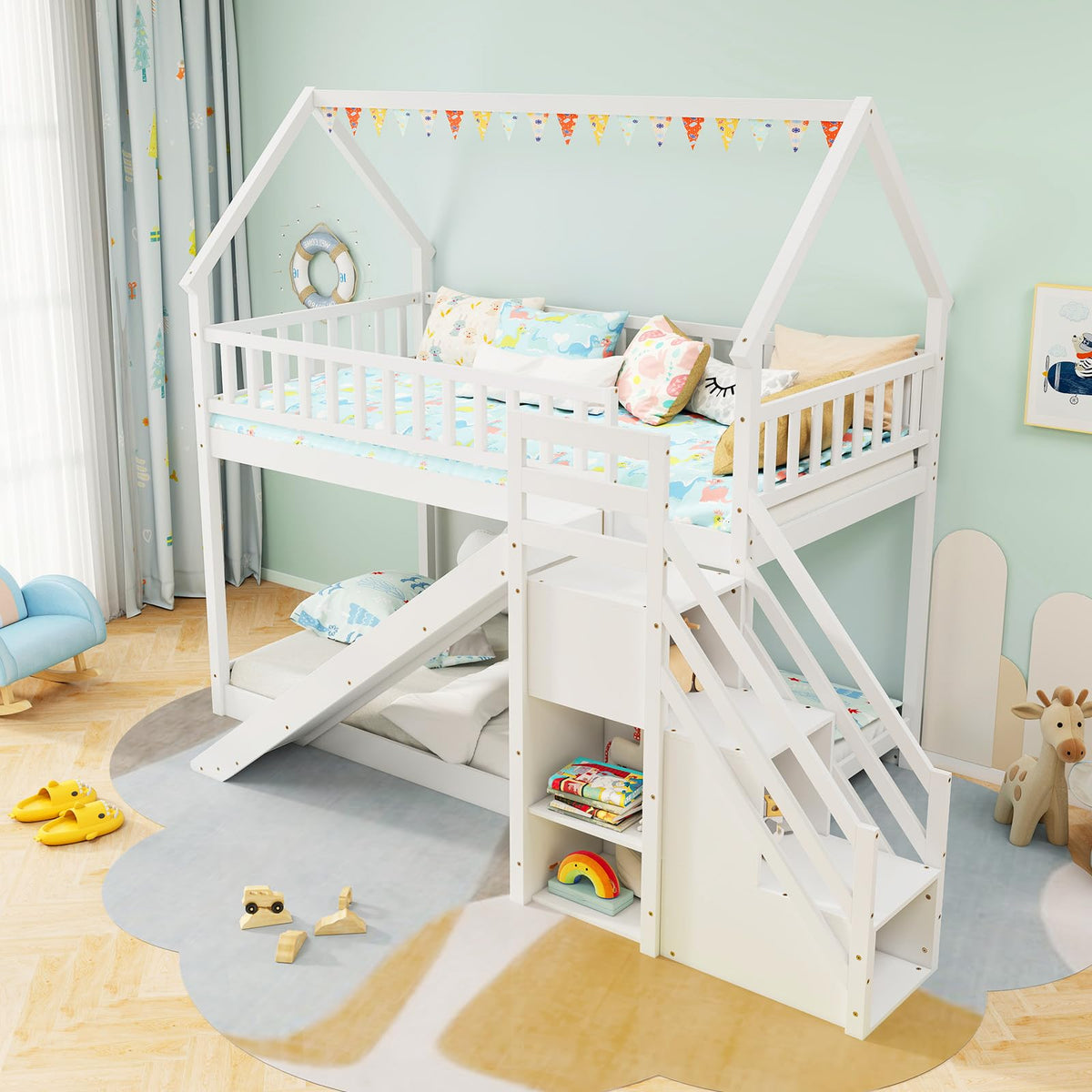 White Twin Over Twin Wood Bunk Bed with Slide and Stairs Y9869