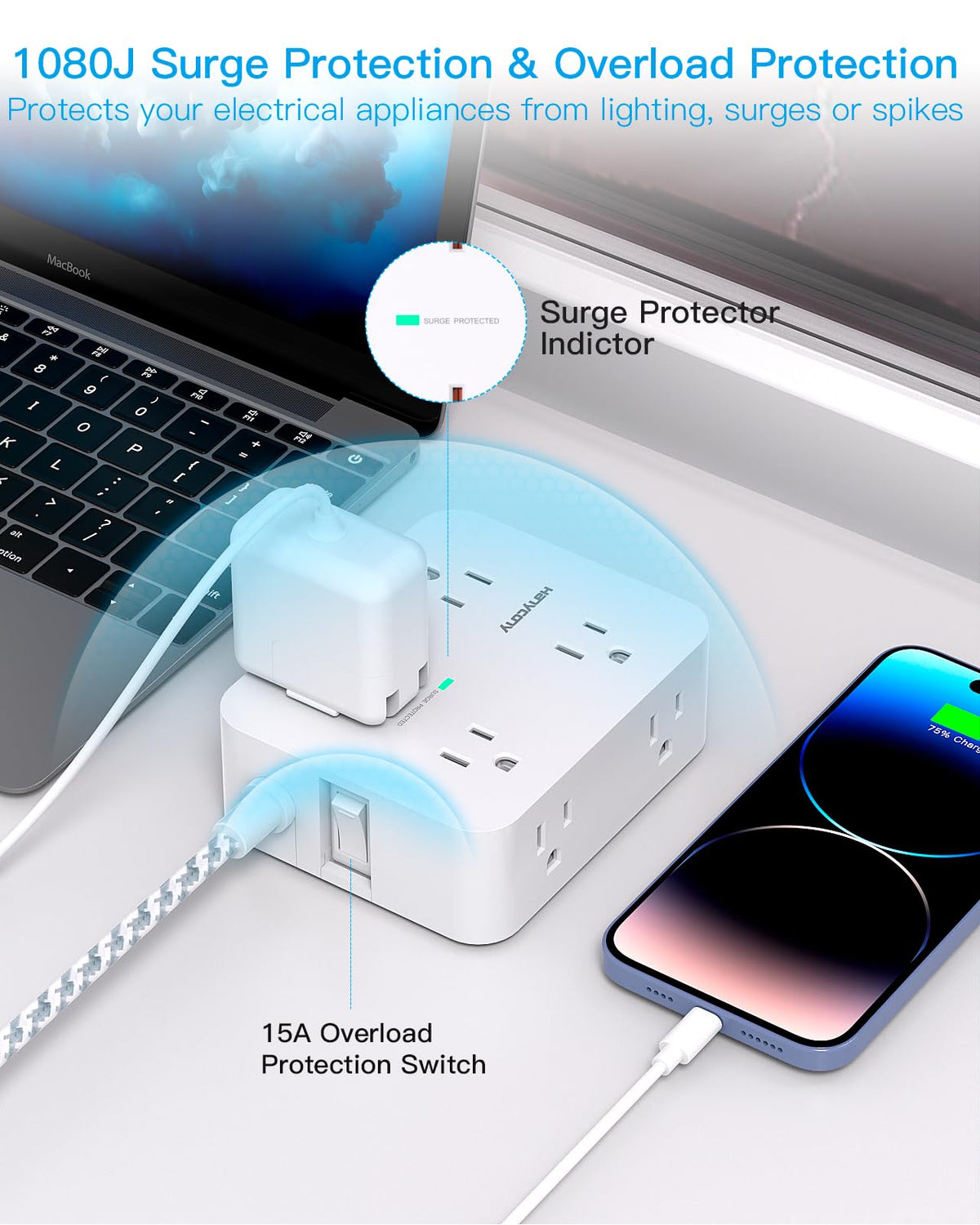 Surge Protector Power Strip 5 Ft Braided Extension Cord S216