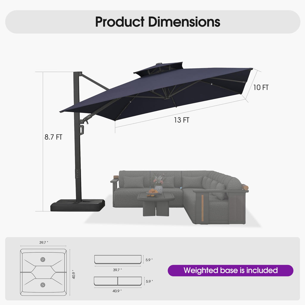 Navy Blue 10' X 13' Dual-Top Cantilever Umbrella with Base E9700