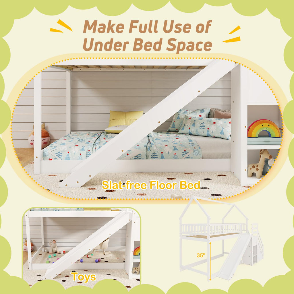 White Twin Over Twin Wood Bunk Bed with Slide and Stairs Y9869