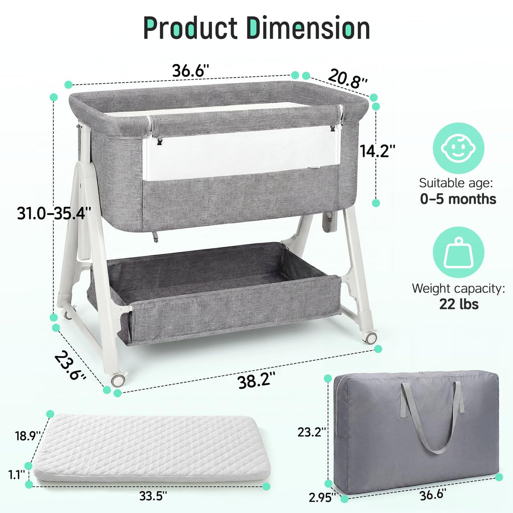 Baby Bassinet Bedside Crib with Mattress Wheel Storage Travel Bag Light Grey M763633