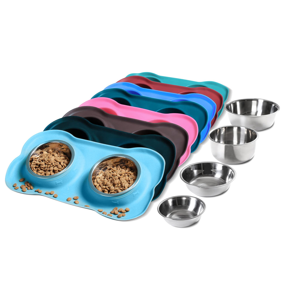2 Stainless Steel Dog Bowls with Non-Skid Mat and Scoop U53735