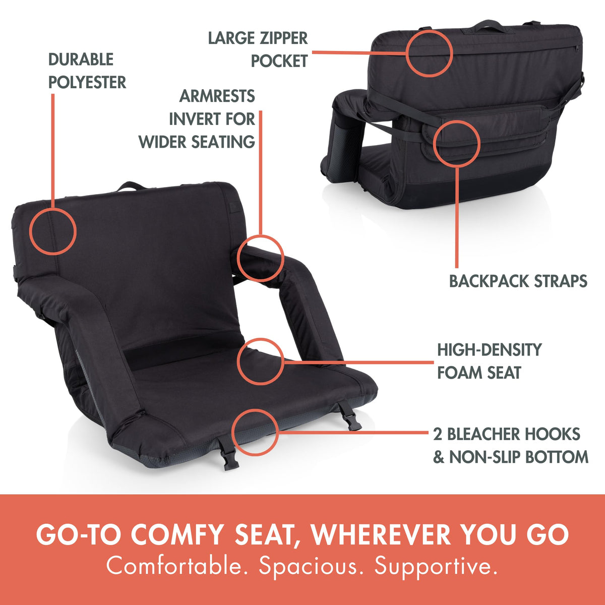 Portable Reclining Stadium Seat with Back Support, Black L783