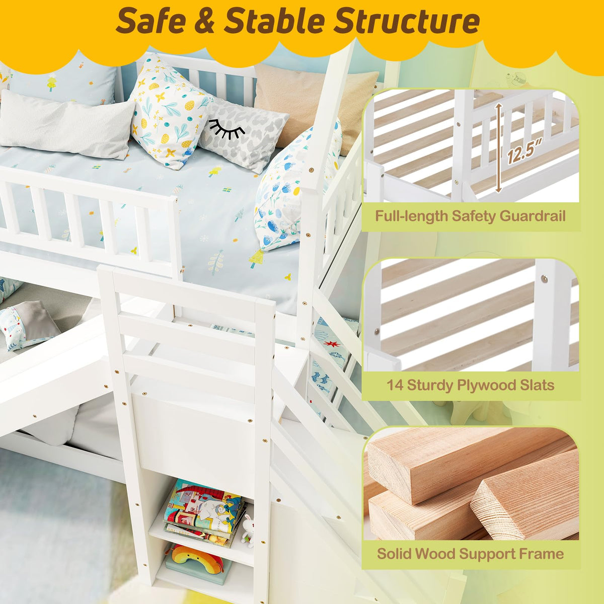 White Twin Over Twin Wood Bunk Bed with Slide and Stairs Y9869