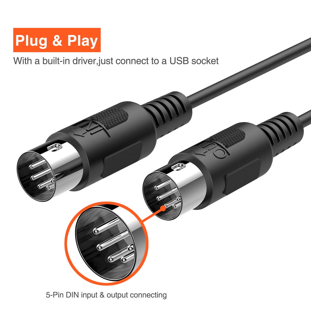 USB MIDI Cable 6.5Ft with Input & Output W3969