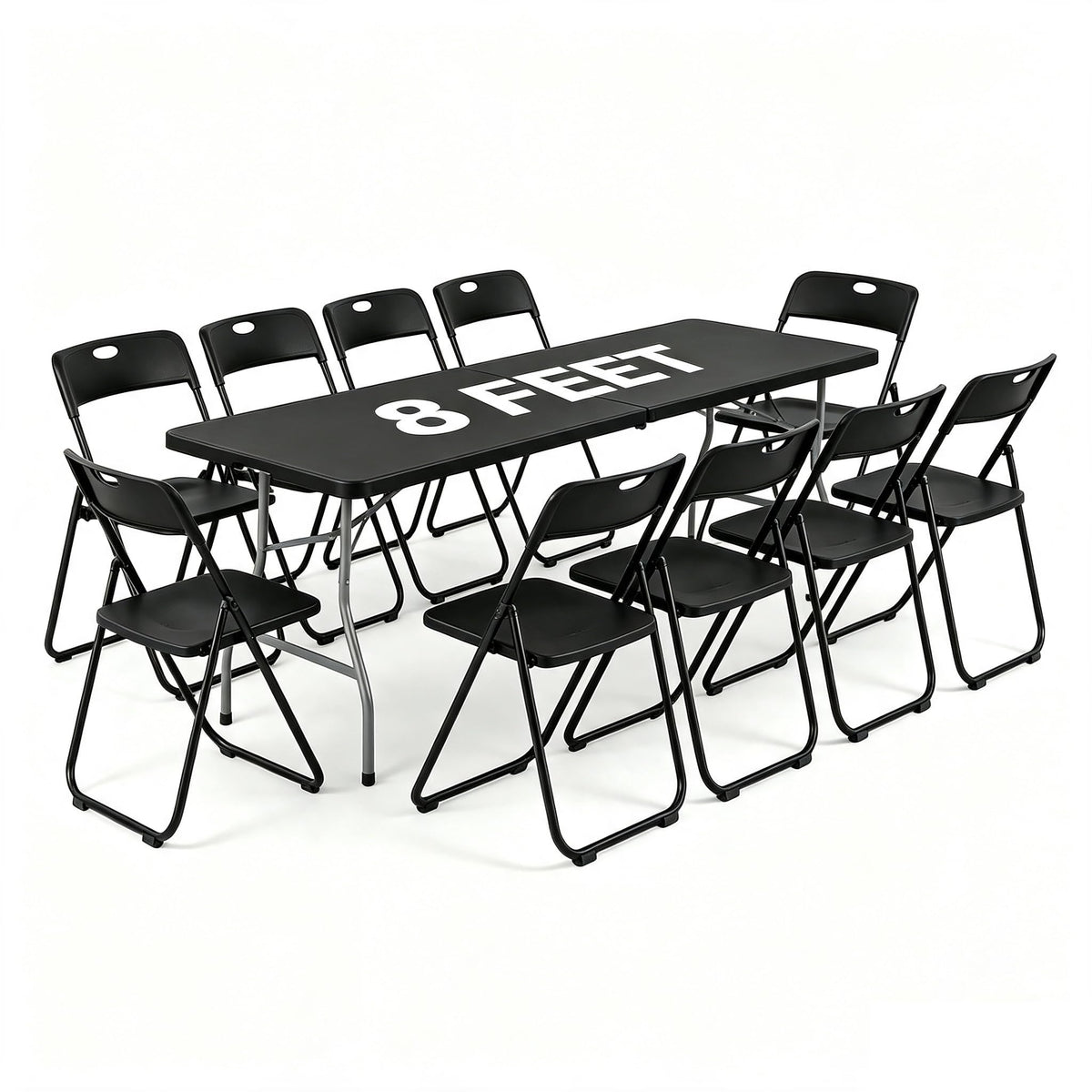 Black 8 Feet Foldable Picnic Table with 10 Folding Chairs N97281