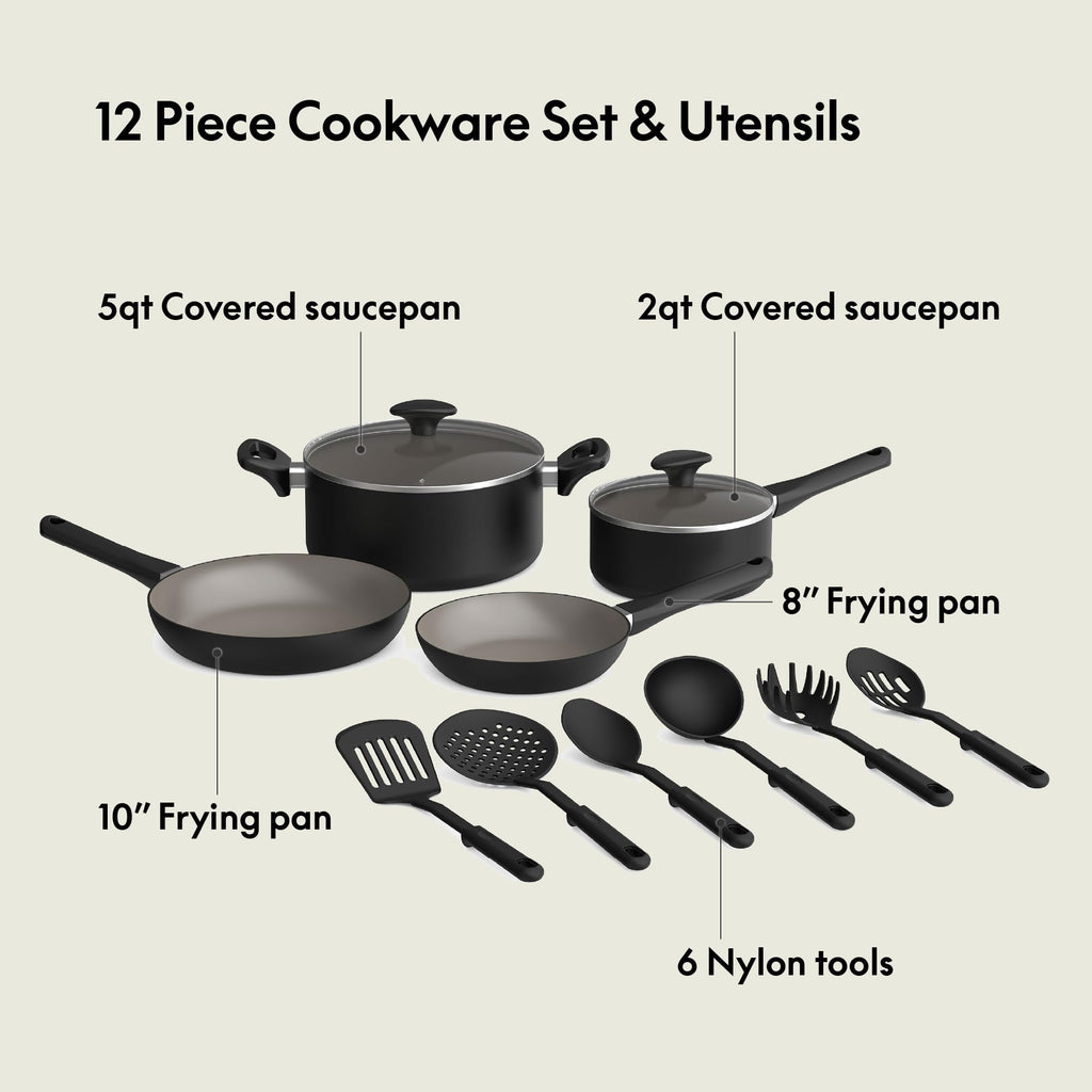 12 Piece Ceramic Nonstick Cookware Set Black F278842