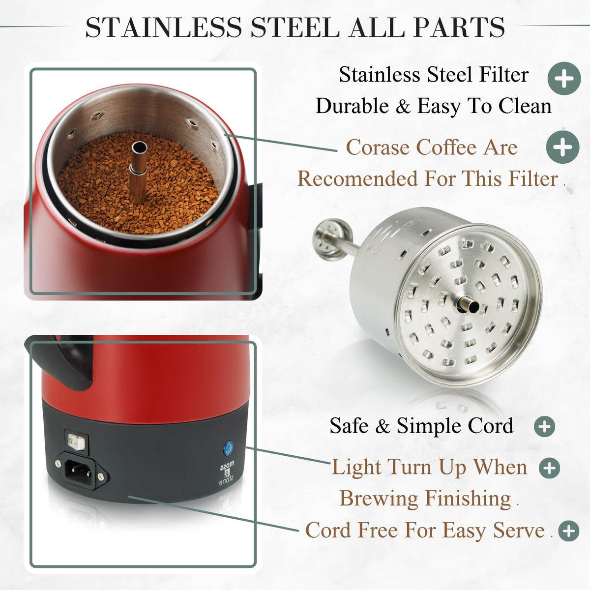 Red 10 Cups Electric Coffee Percolator with Set of 4 Glass Cups Y641