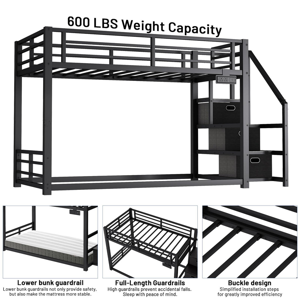 Twin Over Twin Metal Bunk Bed with Storage Stairs, Drawers & Shelves, Power Outlet and RGB LED Lights, Safety Guardrails & Metal Slats (Black) Z5735