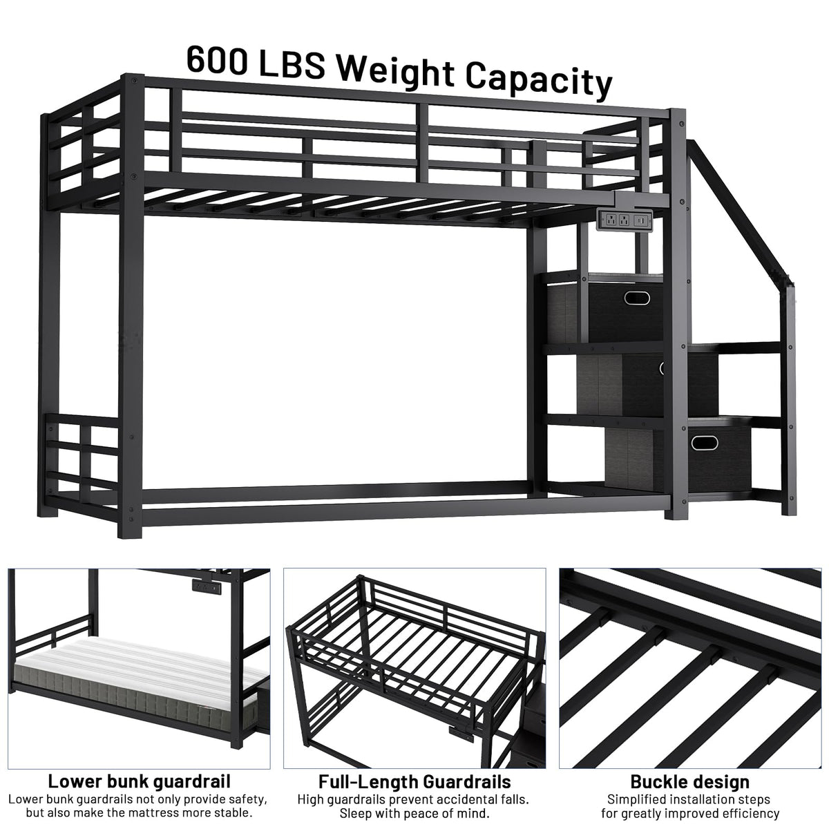 Twin Over Twin Metal Bunk Bed with Storage Stairs, Drawers & Shelves, Power Outlet and RGB LED Lights, Safety Guardrails & Metal Slats (Black) Z5735