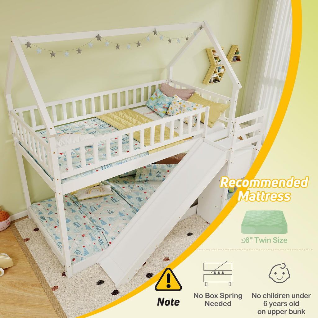 White Twin Over Twin Wood Bunk Bed with Slide and Stairs Y9869