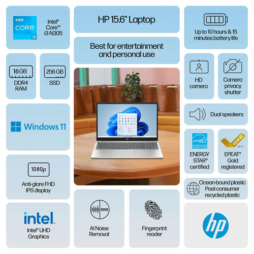 15.6" FHD Laptop with Fingerprint Reader, Intel Core i3, 8GB RAM, 256GB SSD U869817