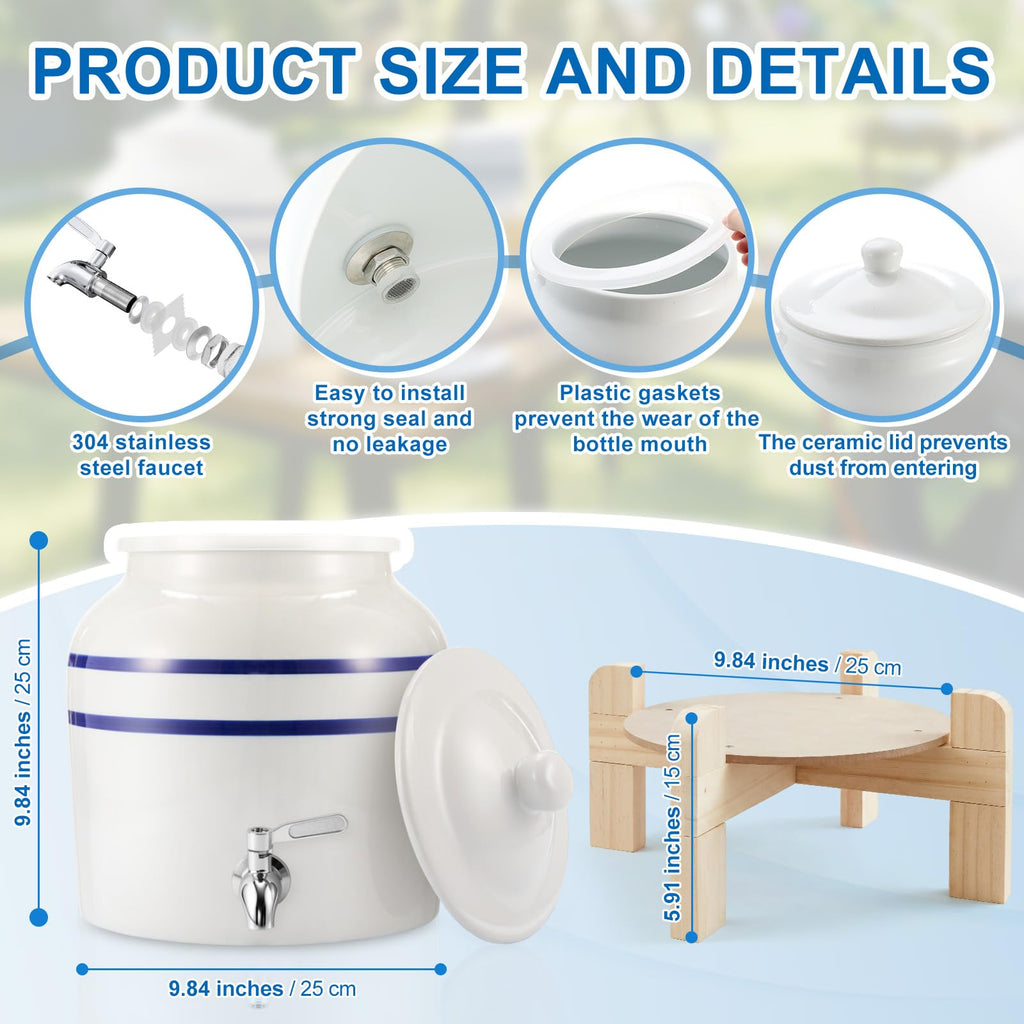 Ceramic Water Dispenser with Wood Stand and Stainless Steel Faucet U77326