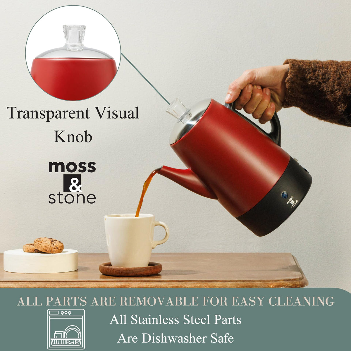 Red 10 Cups Electric Coffee Percolator with Set of 4 Glass Cups Y641