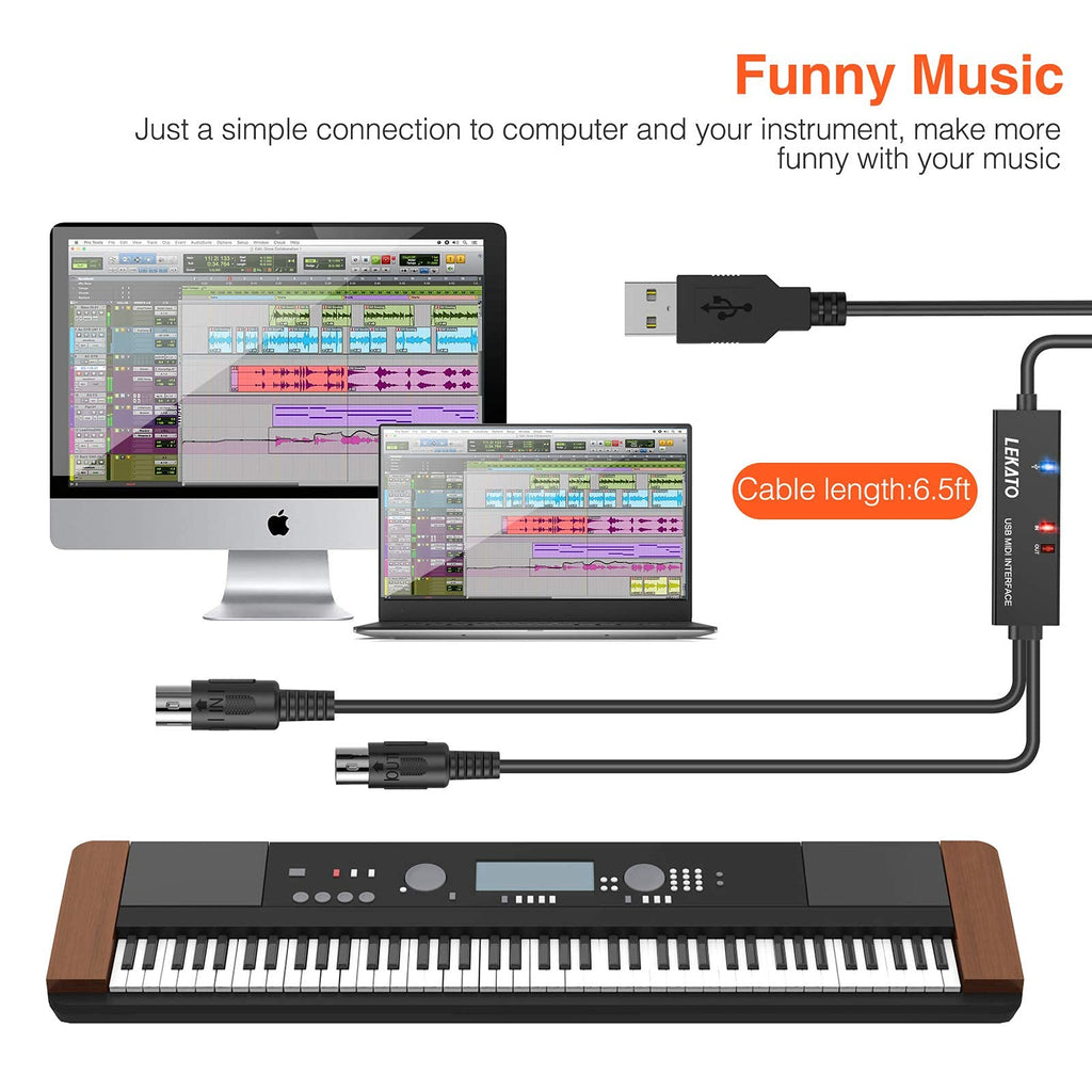 USB MIDI Cable 6.5Ft with Input & Output W3969