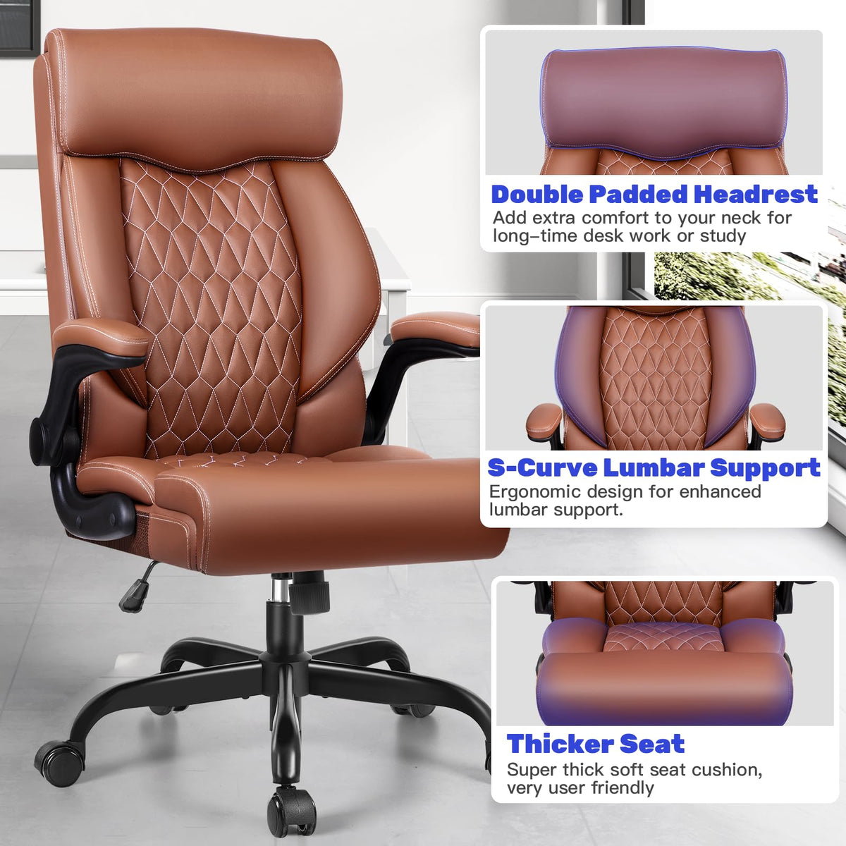 High Back Ergonomic Leather Office Chair with Flip-Up Armrests X3497