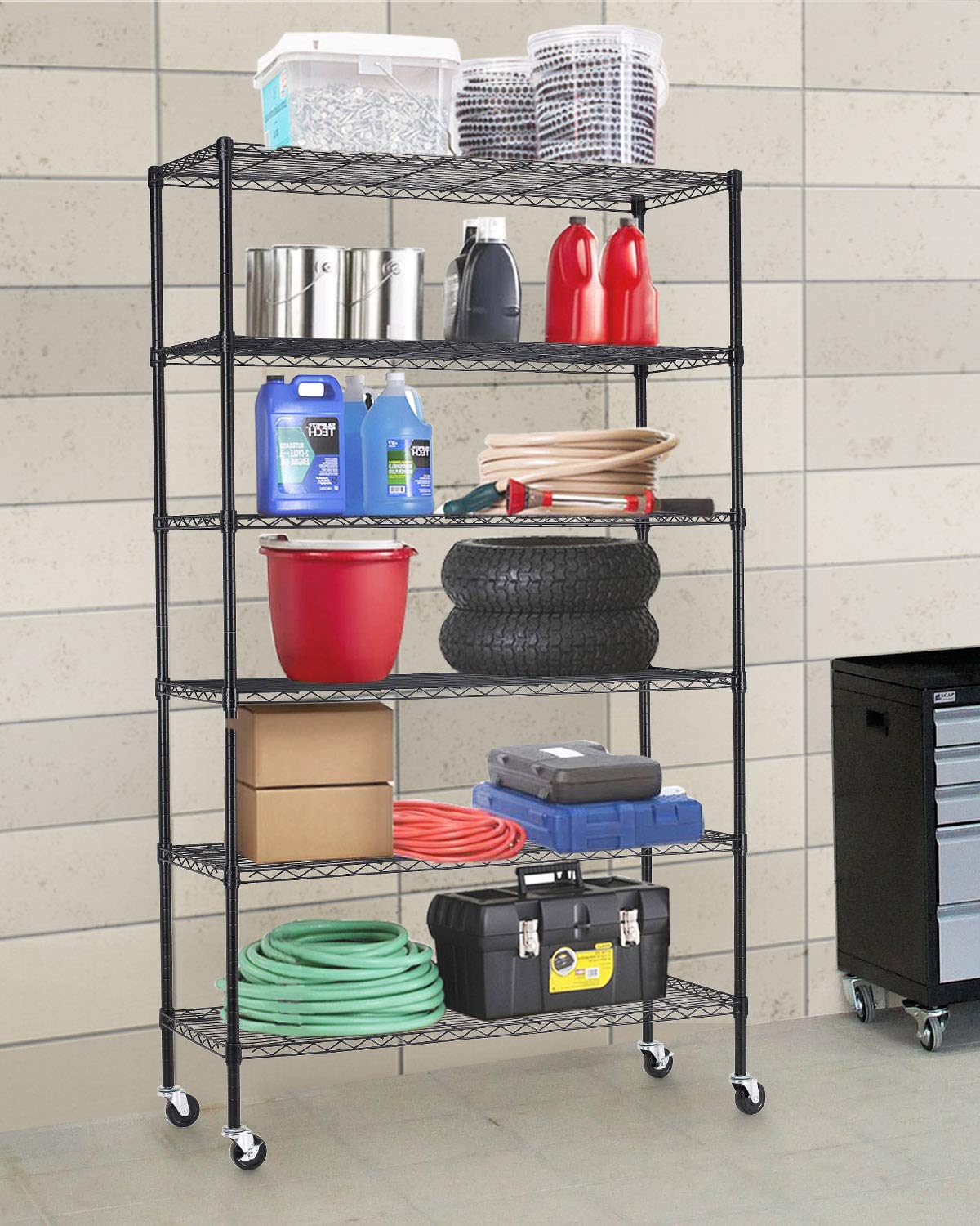 6 Tier Steel Wire Shelving Unit with Wheels D9469