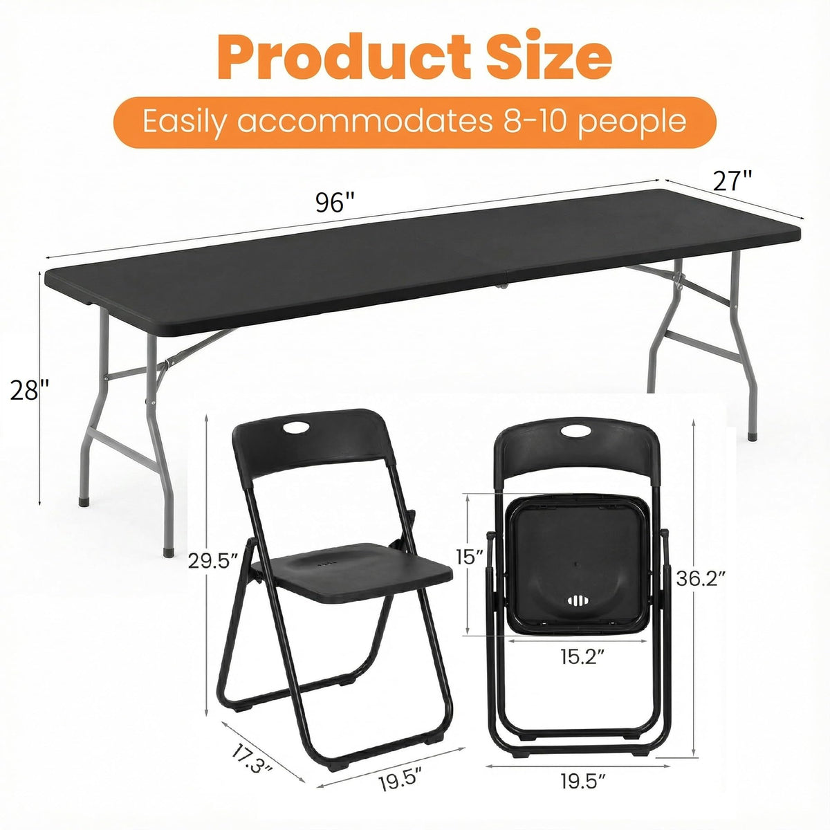 Black 8 Feet Foldable Picnic Table with 10 Folding Chairs N97281