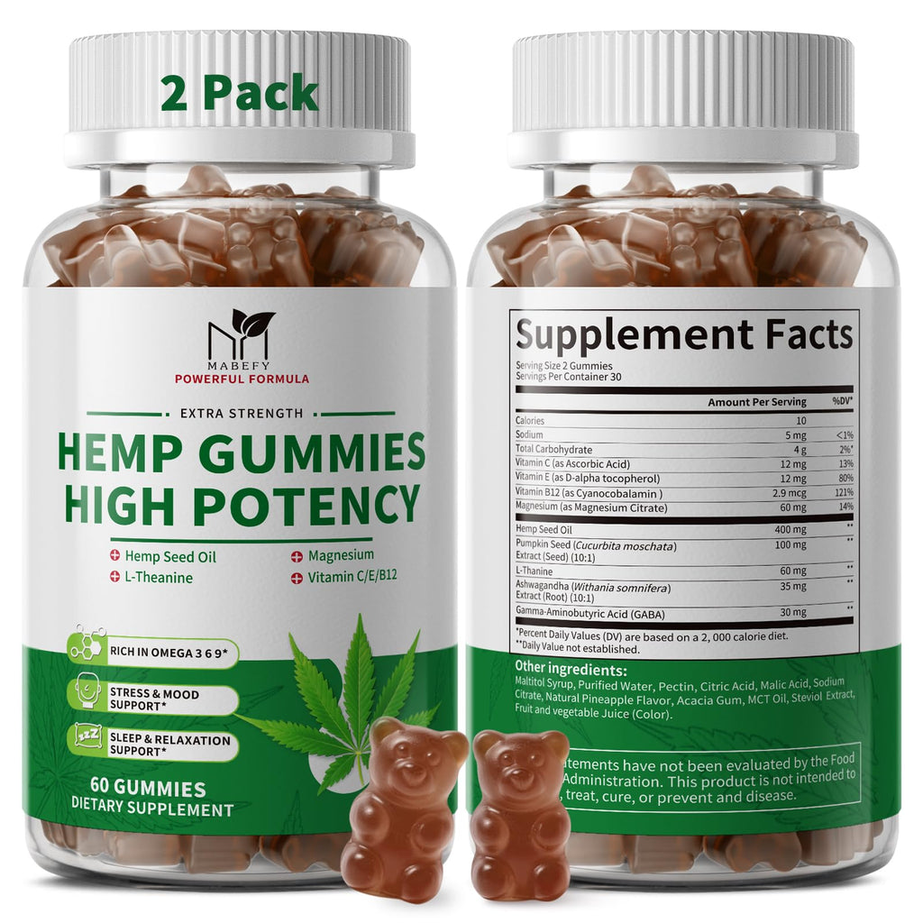 2 Pack Hemp Gummies with Magnesium, Vitamins, Pumpkin Seed, Ashwagandha, GABA, L-Theanine, Pineapple Flavor, 120 Bears, Vegan R32436