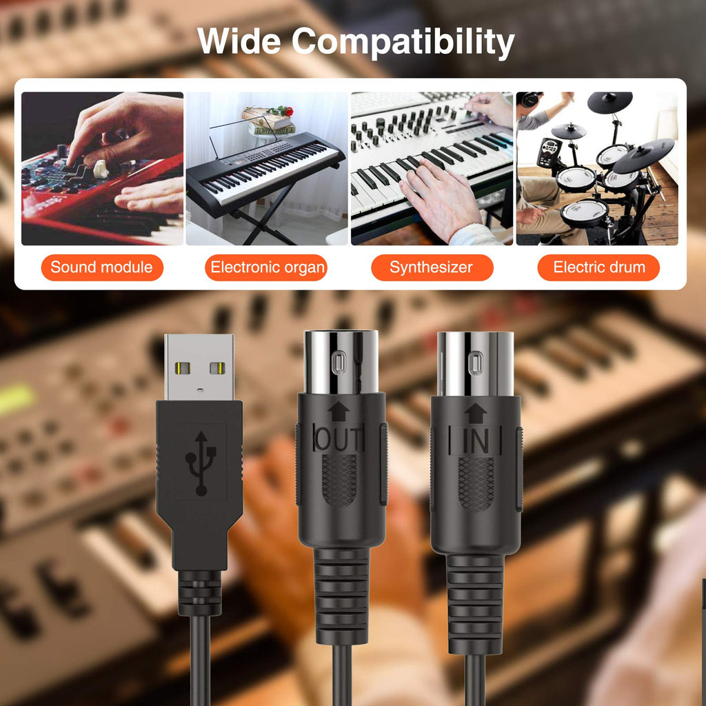 USB MIDI Cable 6.5Ft with Input & Output W3969