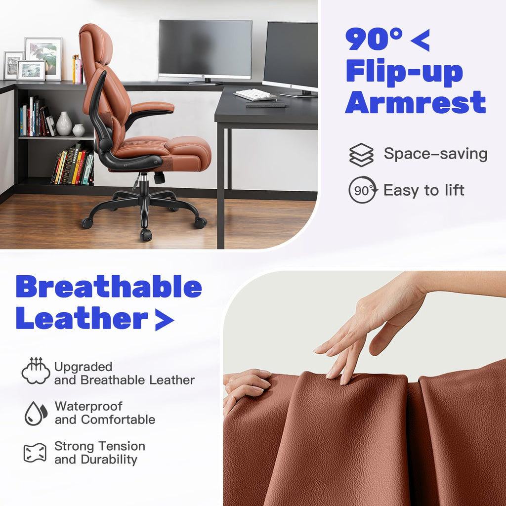 High Back Ergonomic Leather Office Chair with Flip-Up Armrests X3497