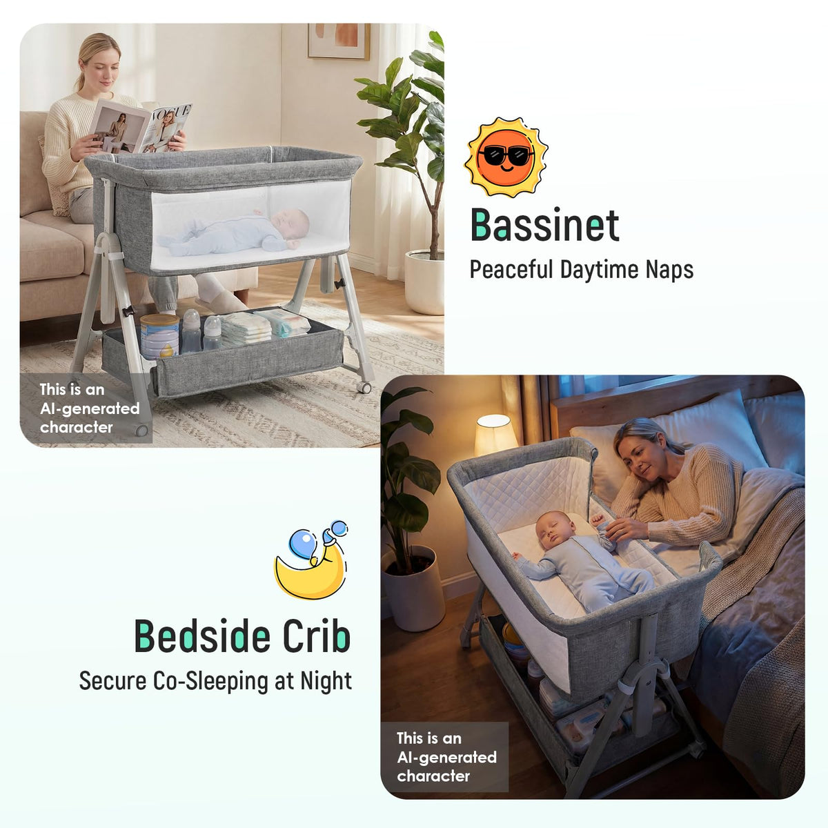 Baby Bassinet Bedside Crib with Mattress Wheel Storage Travel Bag Light Grey M763633
