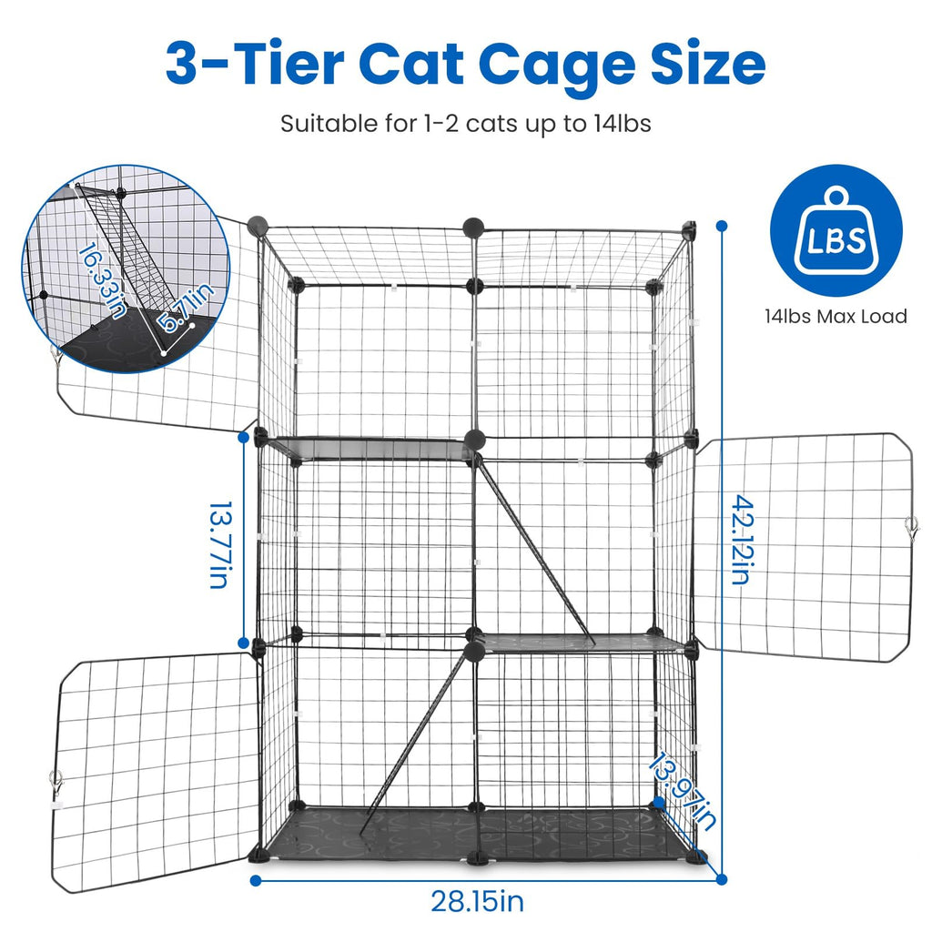 3 Tier Metal Cat Playpen Cage with 3 Doors 2 Ladders U50675